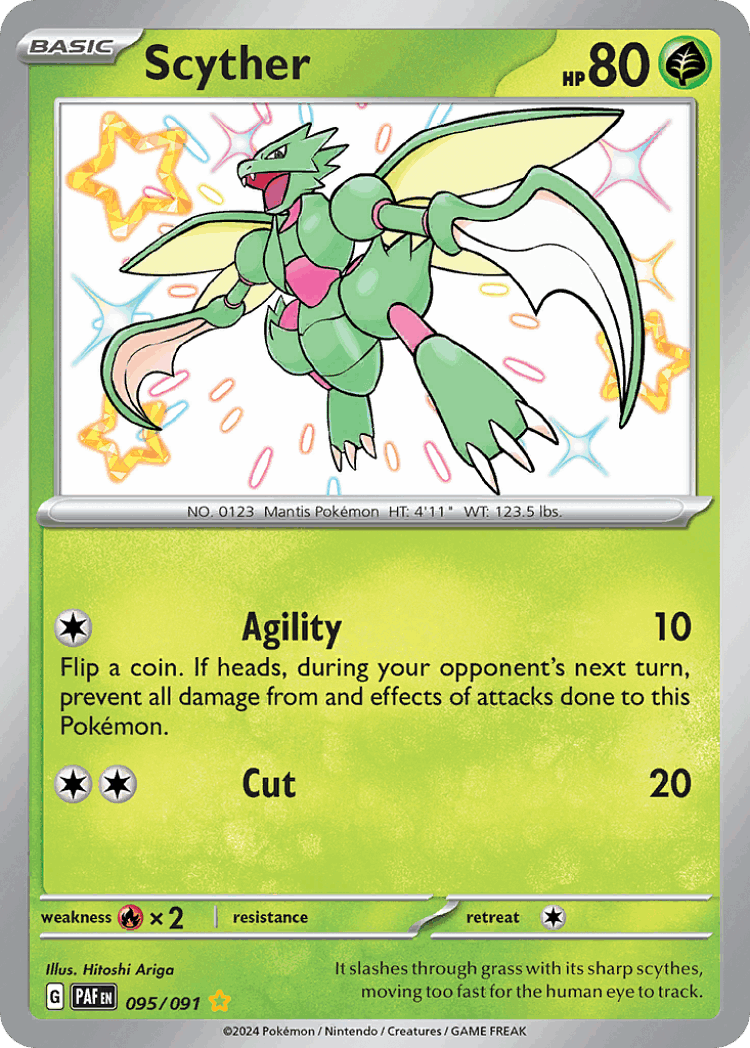 Scyther #95 from Paldean Fates - Shiny Rare - Illustrated by Hitoshi Ariga