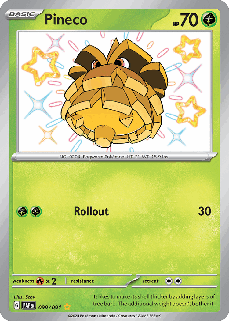 Pineco #99 from Paldean Fates - Shiny Rare - Illustrated by Scav