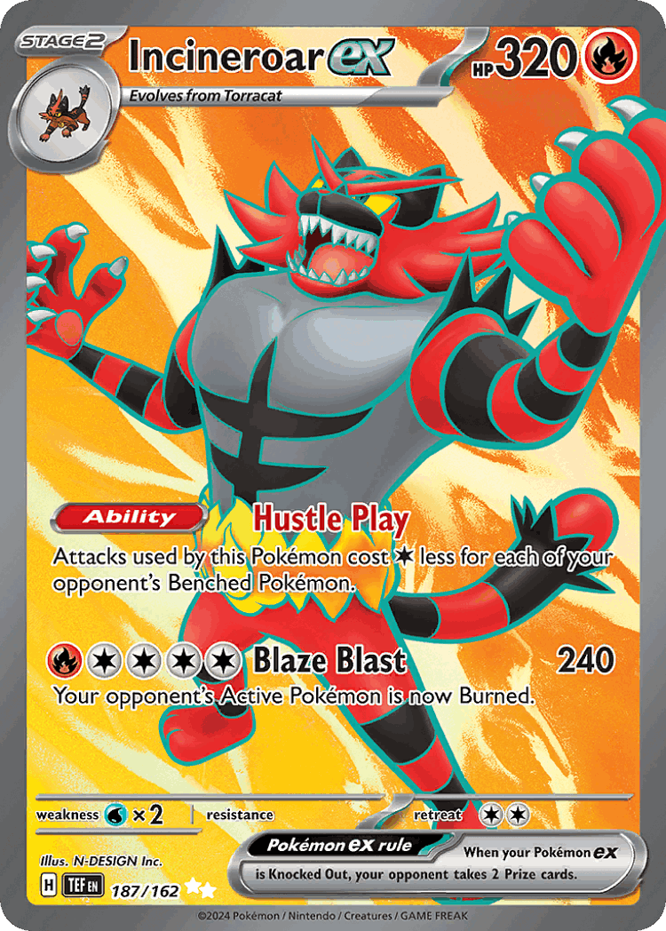 Incineroar ex #187 from Temporal Forces - Ultra Rare - Illustrated by N-DESIGN Inc.