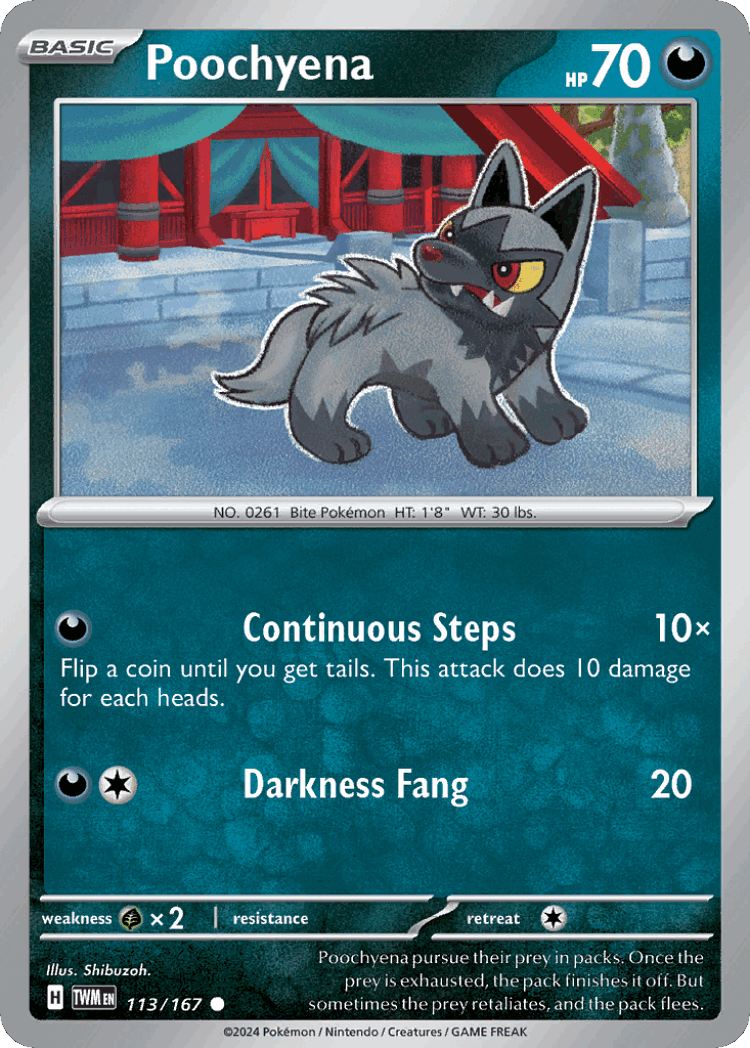 Poochyena #113 from Twilight Masquerade - Common - Illustrated by Shibuzoh.