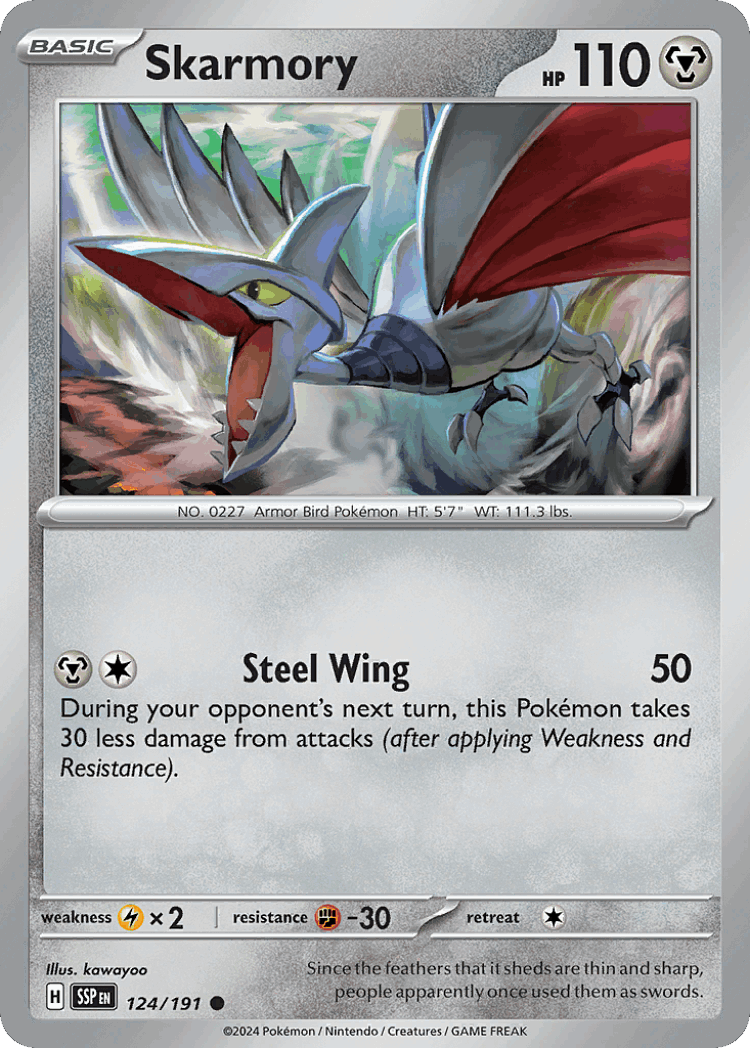 Skarmory #124 from Surging Sparks - Common - Illustrated by kawayoo