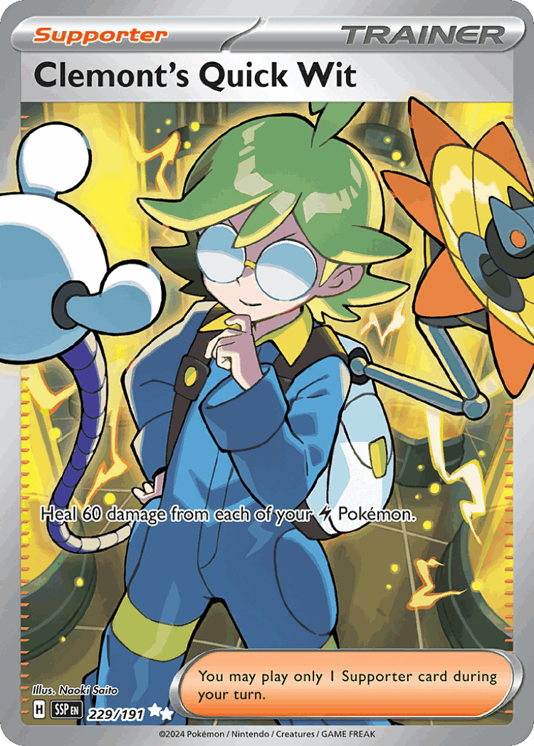 Clemont's Quick Wit #229 from Surging Sparks - Ultra Rare - Illustrated by Naoki Saito