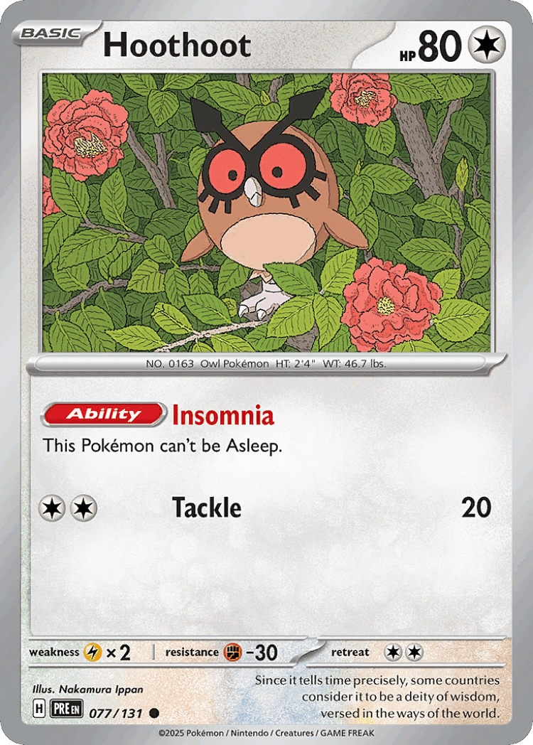 Hoothoot #77 from Prismatic Evolutions - Common - Illustrated by Nakamura Ippan