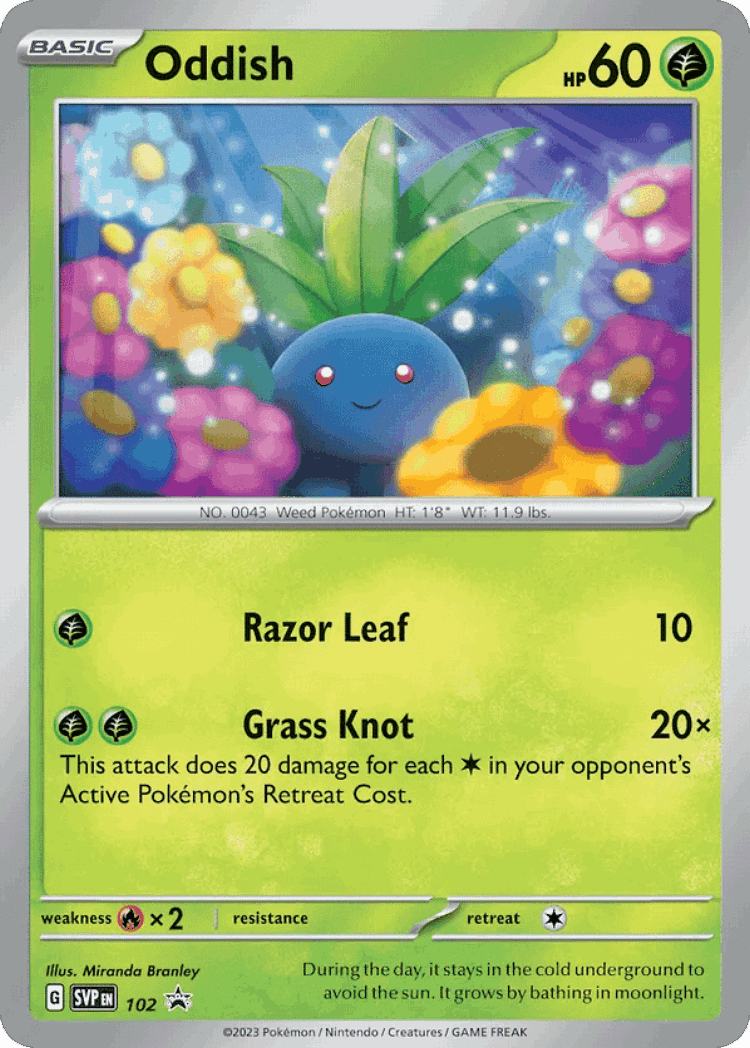 Oddish #102 from Scarlet & Violet Black Star Promos - Promo - Illustrated by Miranda Branley
