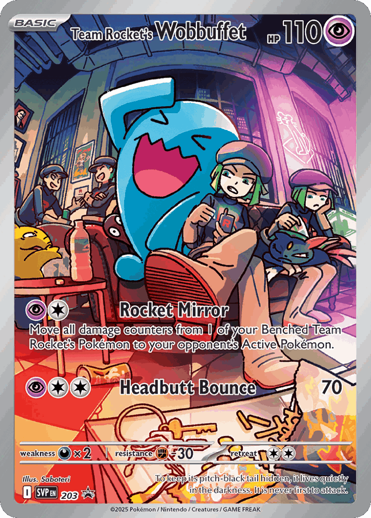 Team Rocket's Wobbuffet #203 from Scarlet & Violet Black Star Promos - Promo - Illustrated by Saboteri