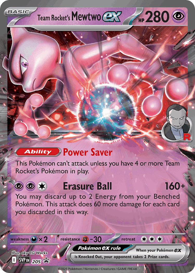 Team Rocket’s Mewtwo ex #205 from Scarlet & Violet Black Star Promos - Promo - Illustrated by aky CG Works