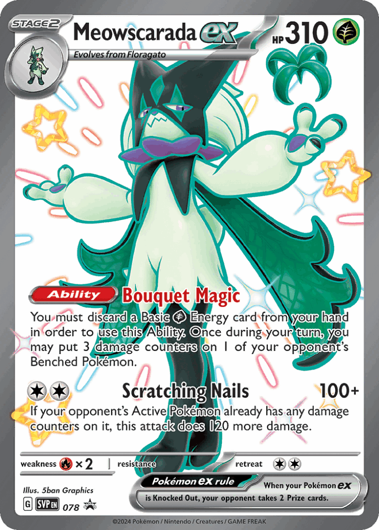 Meowscarada ex #78 from Scarlet & Violet Black Star Promos - Promo - Illustrated by 5ban Graphics