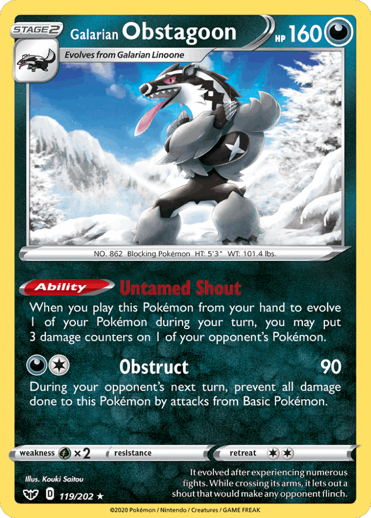 Galarian Obstagoon #119 from Sword & Shield - Rare Holo - Illustrated by Kouki Saitou