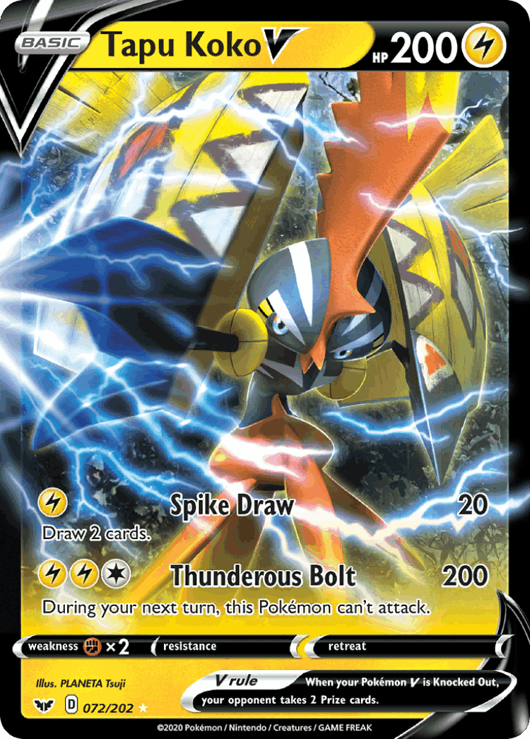 Tapu Koko V #72 from Sword & Shield - Rare Holo V - Illustrated by PLANETA Tsuji