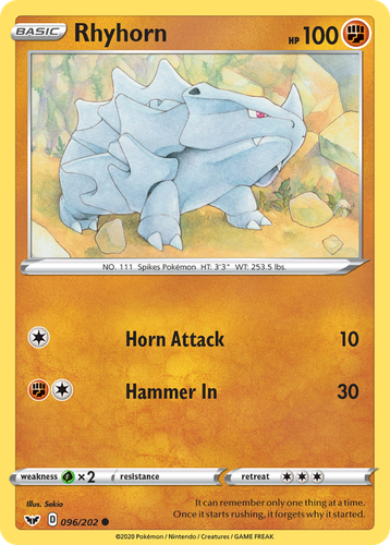 Rhyhorn #96 from Sword & Shield - Common - Illustrated by Sekio