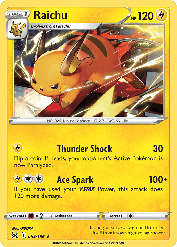 Raichu #53 from Lost Origin - Rare - Illustrated by GIDORA