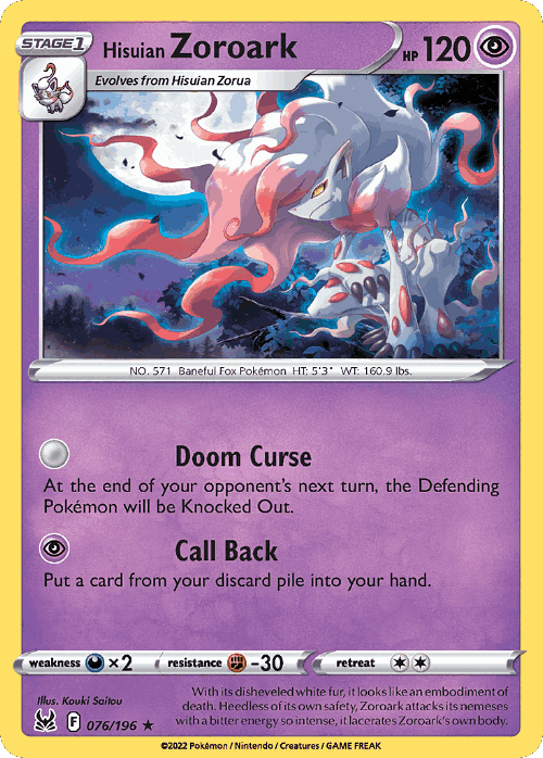 Hisuian Zoroark #76 from Lost Origin - Rare Holo - Illustrated by Kouki Saitou