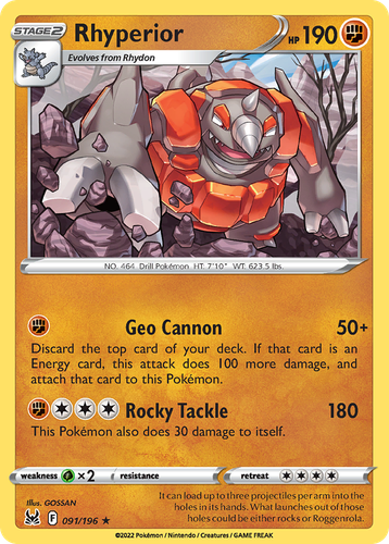Rhyperior #91 from Lost Origin - Rare - Illustrated by GOSSAN