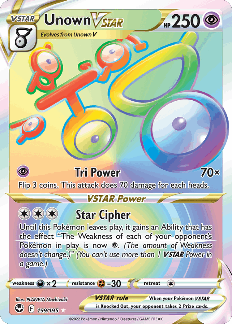 Unown VSTAR #199 from Silver Tempest - Rare Rainbow - Illustrated by PLANETA Mochizuki