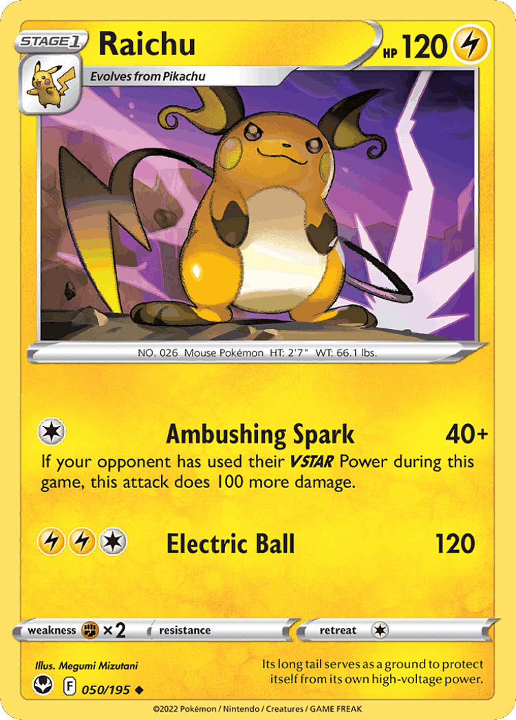 Raichu #50 from Silver Tempest - Uncommon - Illustrated by Megumi Mizutani
