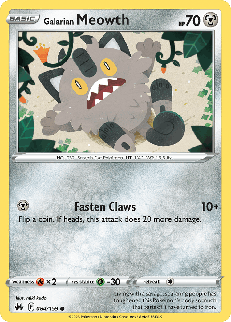 Galarian Meowth #84 from Crown Zenith - Common - Illustrated by miki kudo