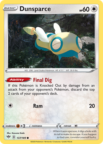 Dunsparce #137 from Darkness Ablaze - Common - Illustrated by Kazuma Koda