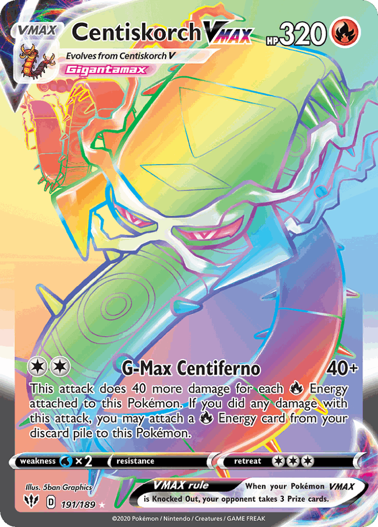 Centiskorch VMAX #191 from Darkness Ablaze - Rare Rainbow - Illustrated by 5ban Graphics