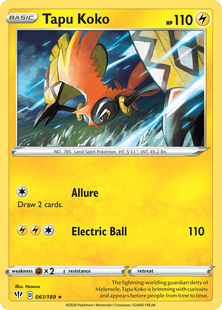 Tapu Koko #61 from Darkness Ablaze - Rare Holo - Illustrated by Hasuno