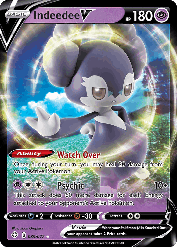 Indeedee V #39 from Shining Fates - Rare Holo V - Illustrated by 5ban Graphics