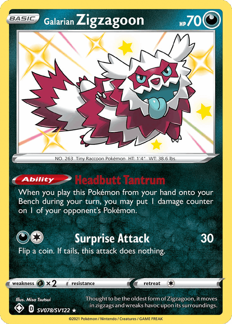 Galarian Zigzagoon #78 from Shining Fates Shiny Vault - Rare Shiny - Illustrated by Misa Tsutsui