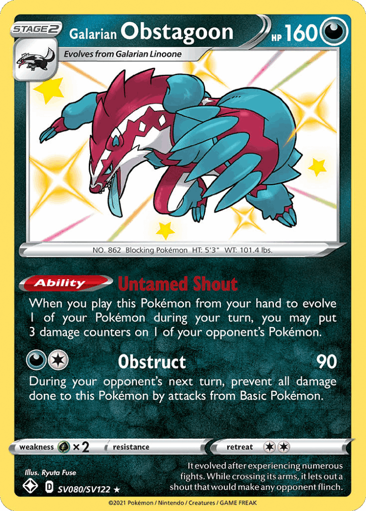 Galarian Obstagoon #80 from Shining Fates Shiny Vault - Rare Shiny - Illustrated by Ryuta Fuse