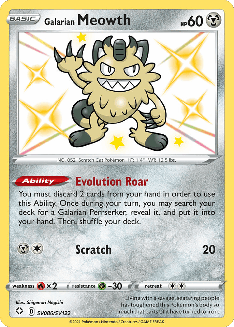 Galarian Meowth #86 from Shining Fates Shiny Vault - Rare Shiny - Illustrated by Shigenori Negishi