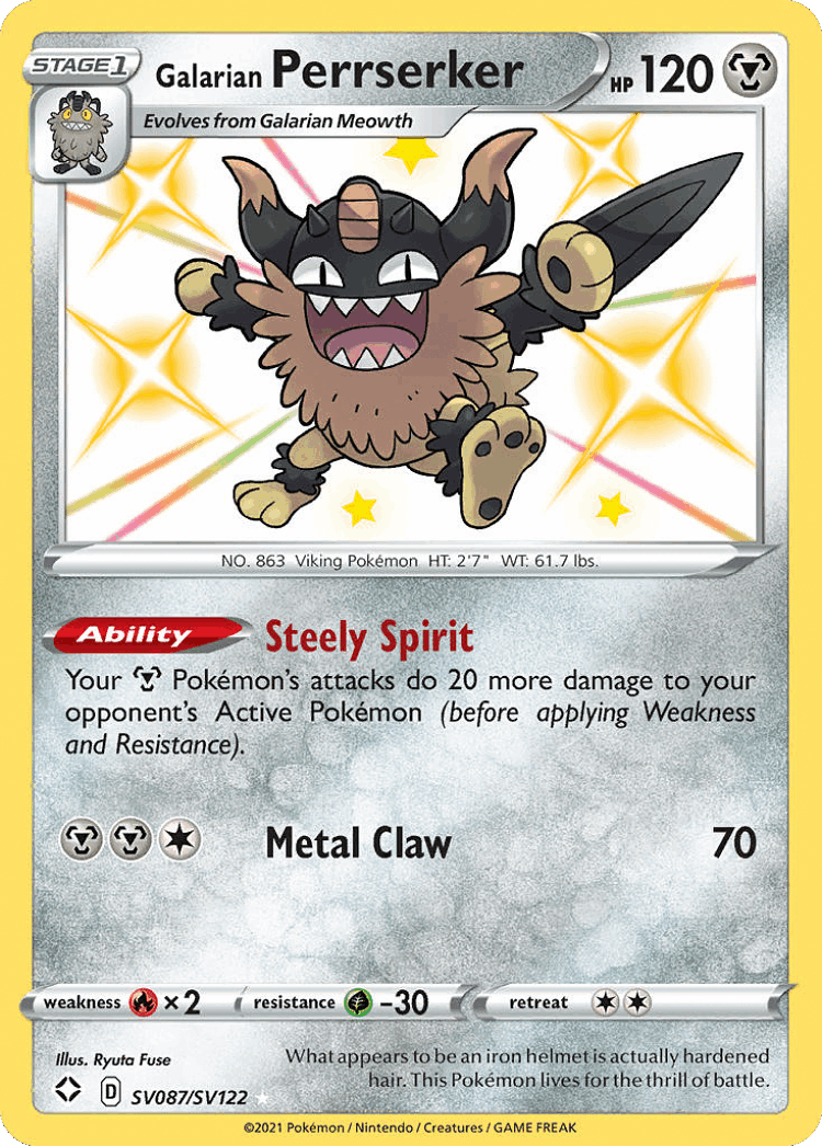 Galarian Perrserker #87 from Shining Fates Shiny Vault - Rare Shiny - Illustrated by Ryuta Fuse