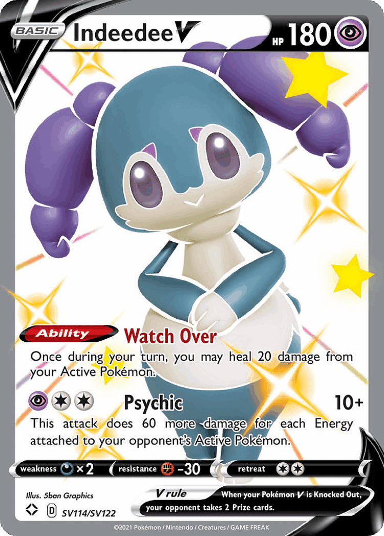 Indeedee V #114 from Shining Fates Shiny Vault - Rare Holo V - Illustrated by 5ban Graphics
