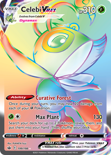 Celebi VMAX #199 from Chilling Reign - Rare Rainbow - Illustrated by PLANETA Tsuji