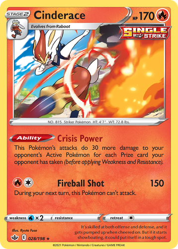 Cinderace #28 from Chilling Reign - Rare Holo - Illustrated by Ryuta Fuse