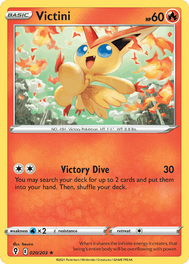 Victini #20 from Evolving Skies - Rare Holo - Illustrated by Teeziro
