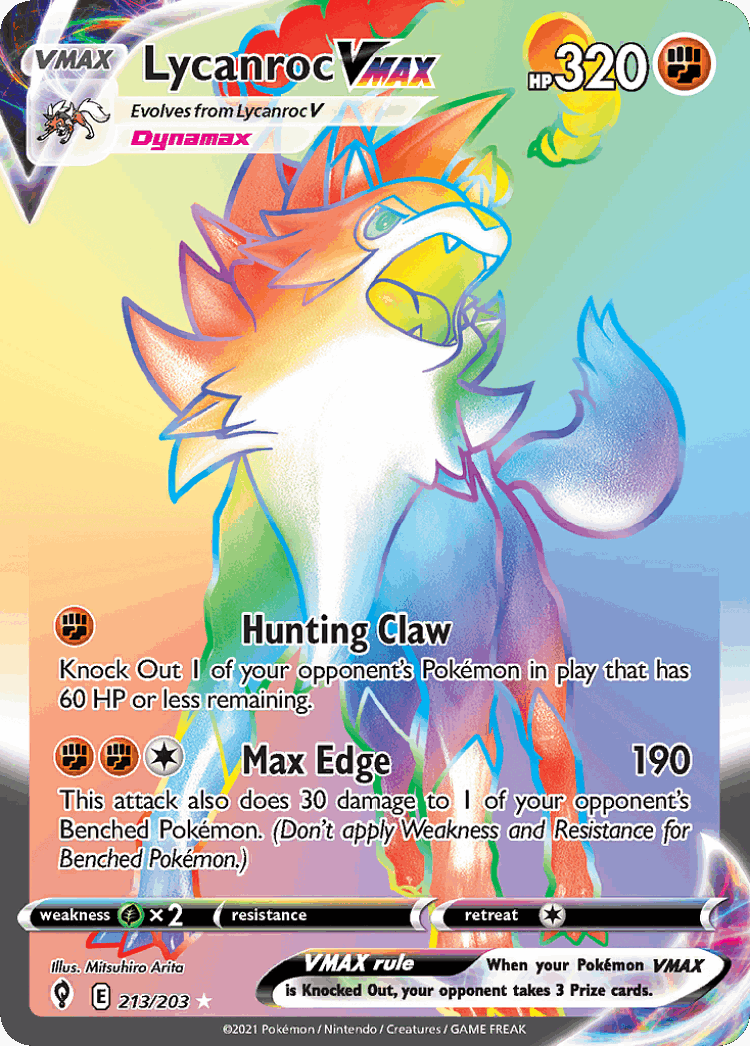 Lycanroc VMAX #213 from Evolving Skies - Rare Rainbow - Illustrated by Mitsuhiro Arita