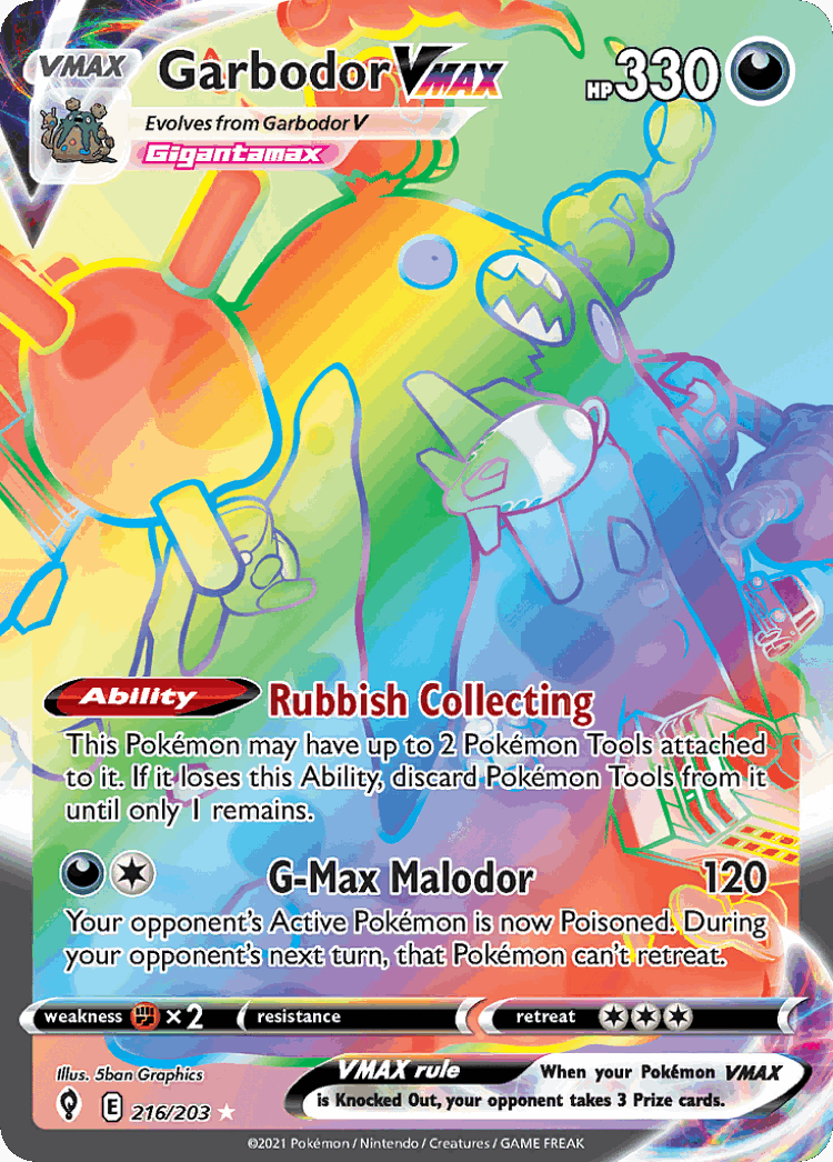 Garbodor VMAX #216 from Evolving Skies - Rare Rainbow - Illustrated by 5ban Graphics