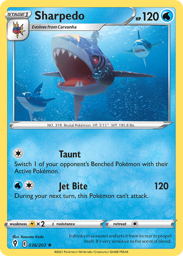 Sharpedo #36 from Evolving Skies - Rare - Illustrated by Kazuma Koda