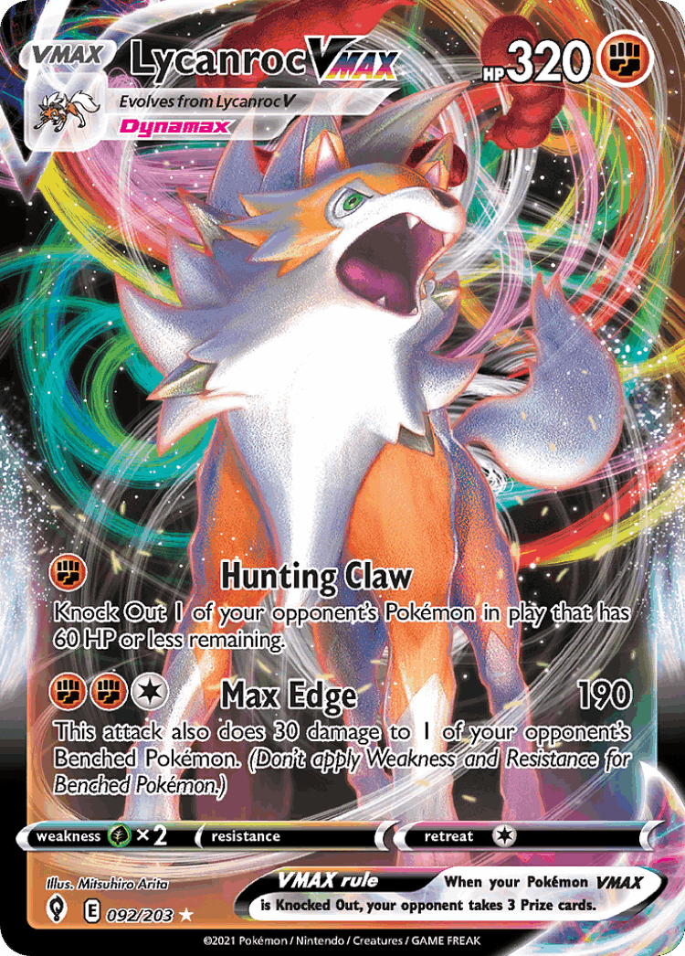 Lycanroc VMAX #92 from Evolving Skies - Rare Holo VMAX - Illustrated by Mitsuhiro Arita