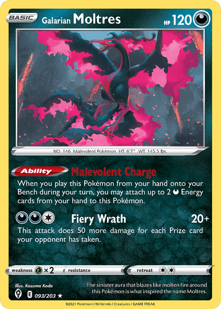 Galarian Moltres #93 from Evolving Skies - Rare Holo - Illustrated by Kazuma Koda