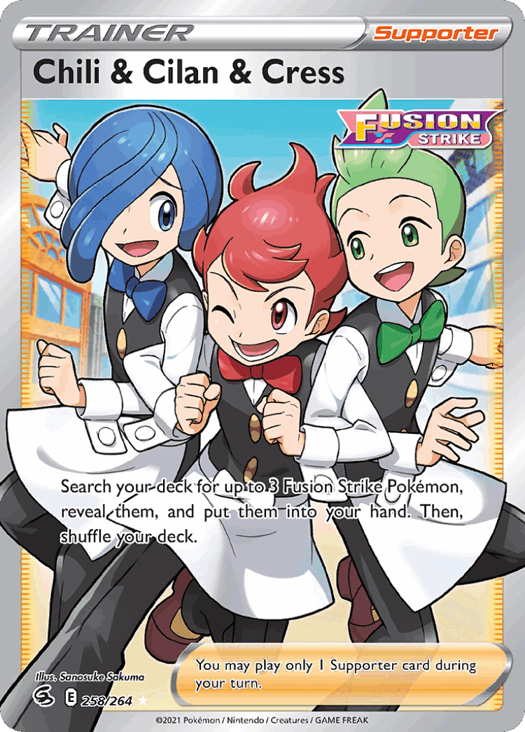Chili & Cilan & Cress #258 from Fusion Strike - Rare Ultra - Illustrated by Sanosuke Sakuma