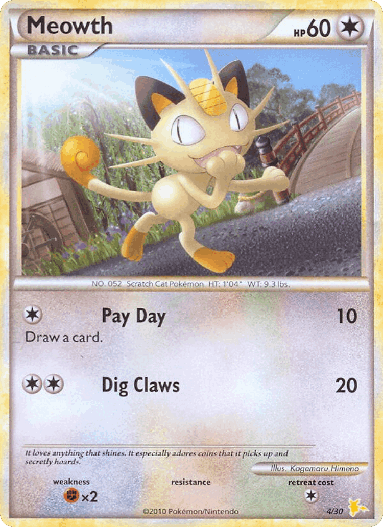 Meowth #4 from HGSS Trainer Kit Raichu - Common - Illustrated by Kagemaru Himeno
