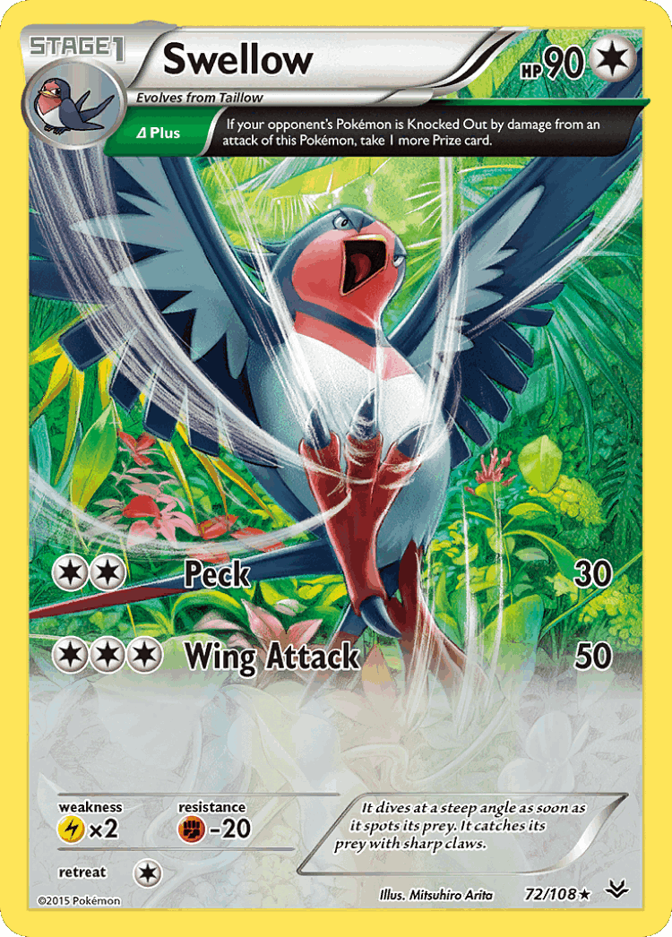 Swellow #72 from Roaring Skies - Rare Holo - Illustrated by Mitsuhiro Arita