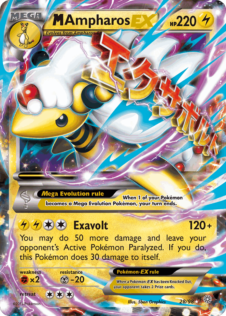 M Ampharos-EX #28 from Ancient Origins - Rare Holo EX - Illustrated by 5ban Graphics